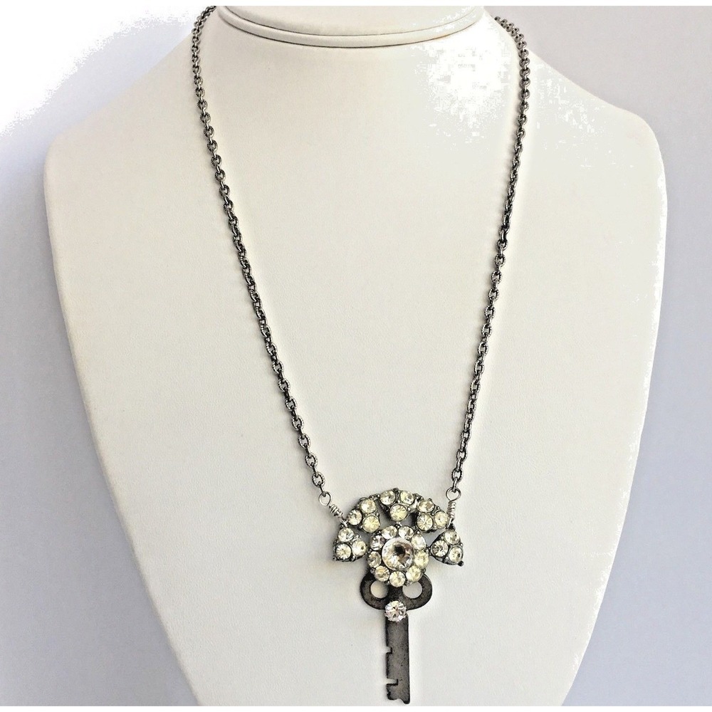 Old Key Necklace Repurposed Rhinestone Silver Tone 20in Steampunk Handmade VTG
